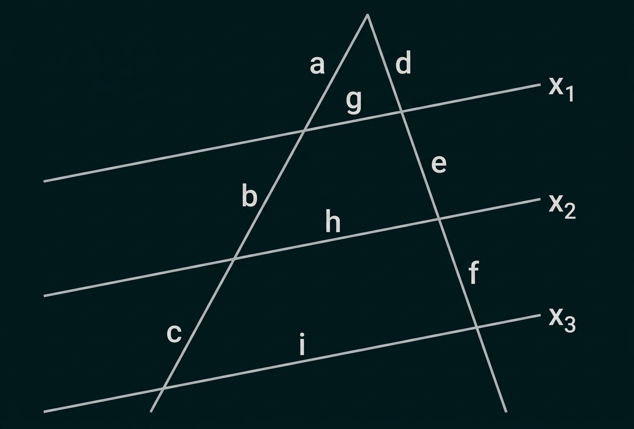 Dreieck mit drei parallelen Geraden x₁, x₂ und x₃ sowie markierten Abschnitten a bis i.